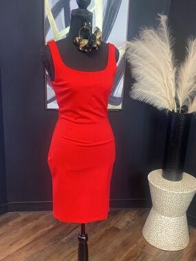 Red Sleeveless Square-Neck Bodycon Dress - Unbranded